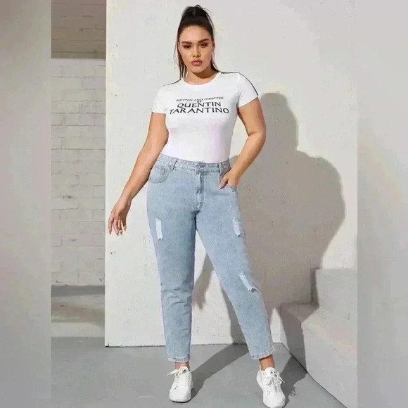 🎆 SHEIN high waisted distressed mom jean light wash XL tapered leg non-stretch - Picture 1 of 11